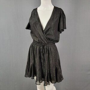 Mi Ami Black Metallic Mini Dress S Flutter Sleeve V-Neck Party